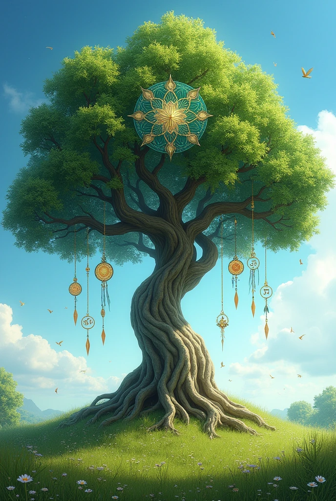 A tree with deep roots and branches that reach toward the sky, with various spiritual symbols.