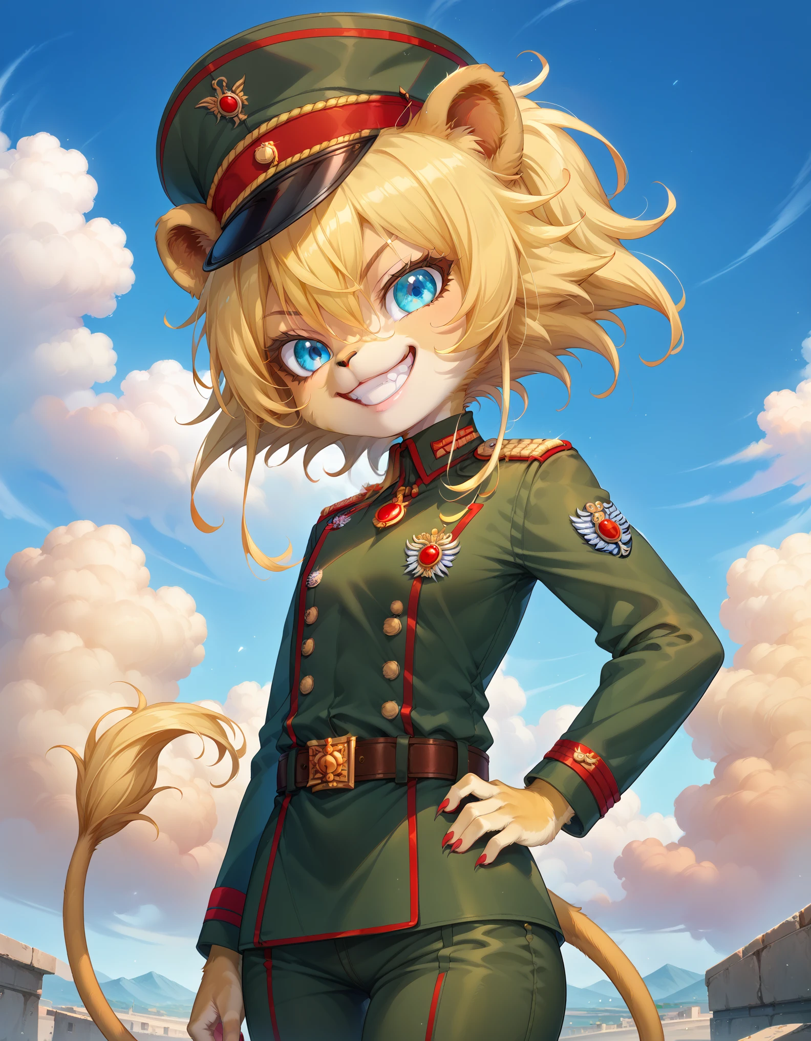 score_9,score_8_up,score_7_up, young, (li), lion girl, lion tail, yellow hair, Tanya Degurechaff, blue eyes, looking at viewer, smile, 1girl, lion ears, furry female, ((military hat, military uniform,red pendant, belt,pants,evil smile,)), military base, clear sky, looking at viewer, solo, anthro, cheek tuft, facial tuft, uperbody, evil smile,