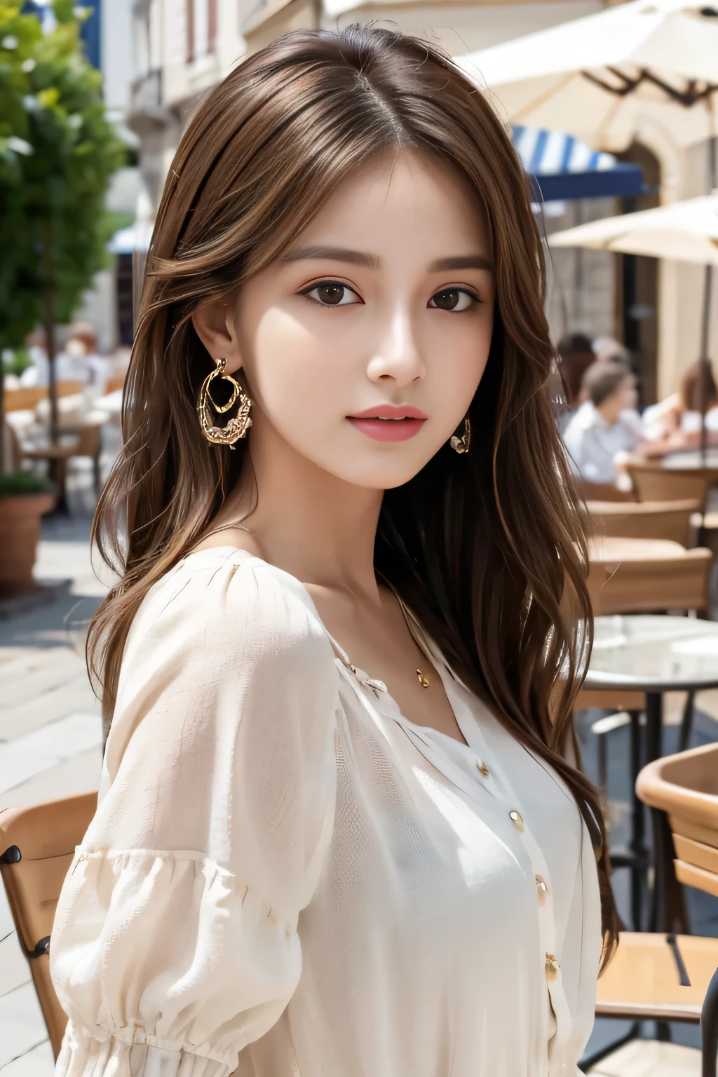 masterpiece, Highest quality, Realistic, Very detailed, Finer details, High resolution, 8k wallpaper, One beautiful woman,Wear a nice blouse, On the terrace of a lovely cafe, at noon, Light brown messy hair, Perfect dynamic composition, Beautiful and beautiful eyes、Big earrings、