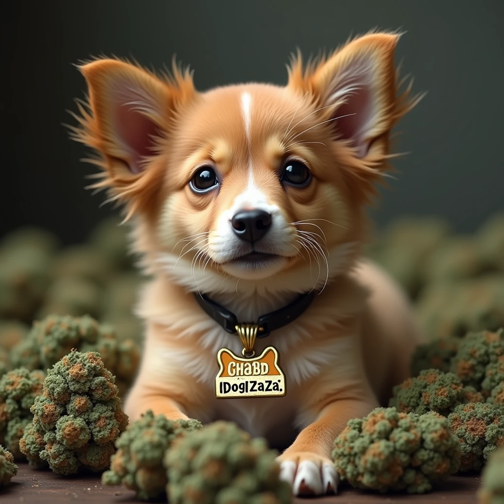 Really high puppy with a pendant that says dogZaZa
With countless cannabis buds