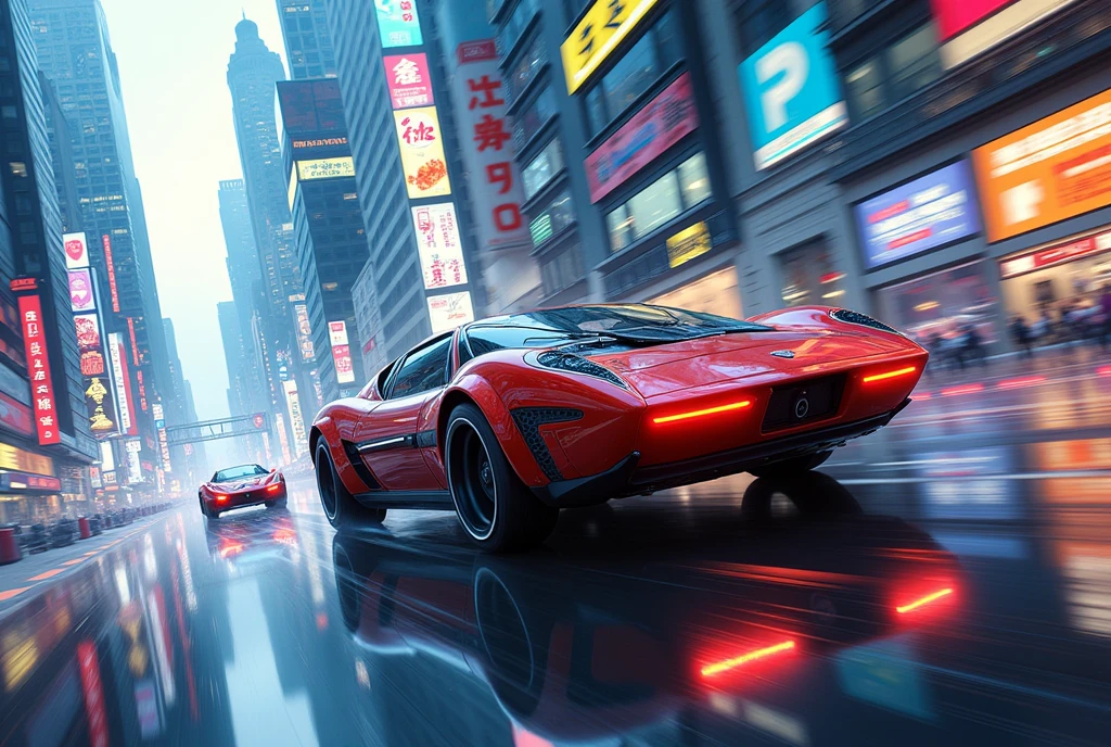 Realistic painting, Japanese cartoon, Science Fiction car-like vehicle, Science Fiction, Futuristic high-speed vehicles, high tech, Floating on the street like a hovercraft,  high tech, Dynamic action shots,  Realistic filming, wide angle