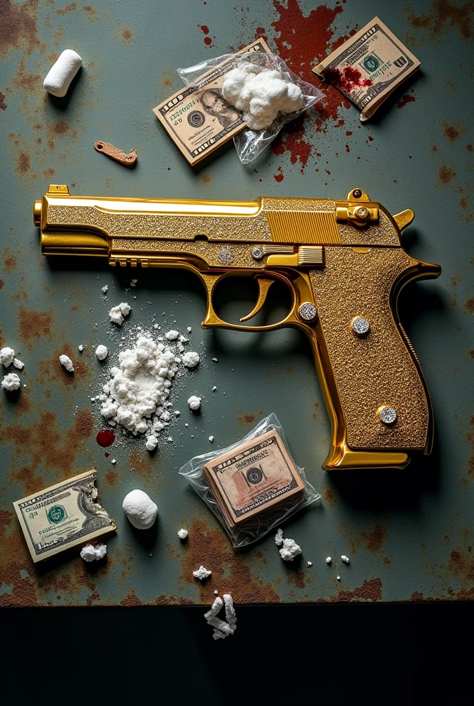 Old and dirty metal table with some rusty details, with 100 dollar bills (a few dents or tears), a golden Desert Eagle pistol with details studded with small, sparkling white diamonds, several lines of cocaine, small bags of cocaine torn apart. Blood and cocaine scattered around the scene, blood staining some $100 bills. flat view top down.