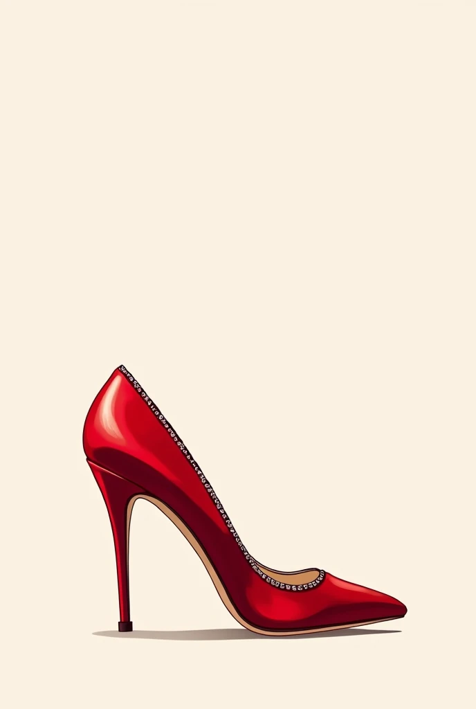 Create an illustration of a red heel, with small diamonds embedded in the edge of the heel where it touches the ground, and that they are elongated and a little less high and that the fabric of the heel is not fabric but plastic