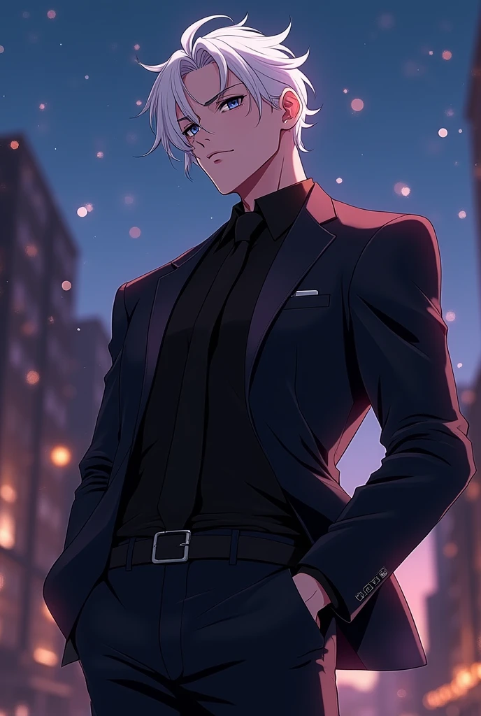 A man in a black suit, full body in a heartthrob pose And with white hair.
Light skinned.
Like an anime