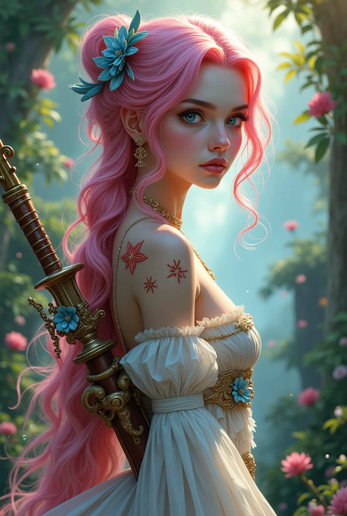 A very beautiful and young girl, Her hair is extremely pink and she has two blue streaks, Your skin is white and delicate, and it has red magical symbols on your shoulders and neck that are like tattoos., Her clothes are very elegant and chic, demonstrating wealth, She is the daughter of a fairy and carries with her her lute and two beautiful delicate swords. She is a bard and loves music., She always has her mandolin in her hands and her beautiful swords on her back and her face has a glow on her cheeks and under her eyes
