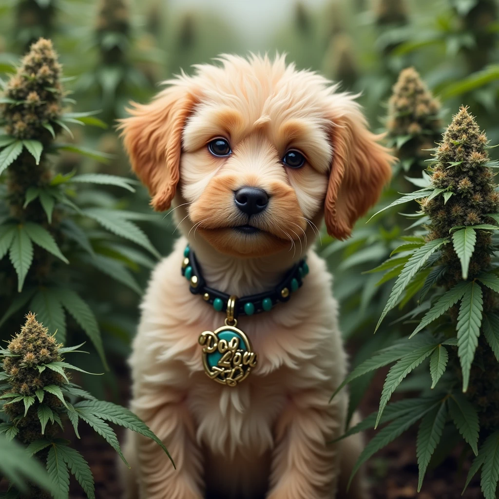 Really high puppy with a pendant that says dogZaZa
With countless cannabis buds in a plantation