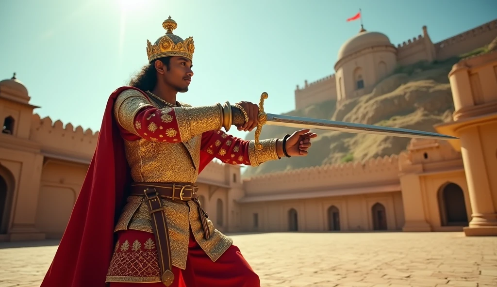  A young Maharana Pratap(Indian) practicing swordsmanship in a courtyard, with a determined expression on his face. In the background, there is a faint silhouette of a grand fort, symbolizing his heritage and the responsibility he feels towards his ancestors
