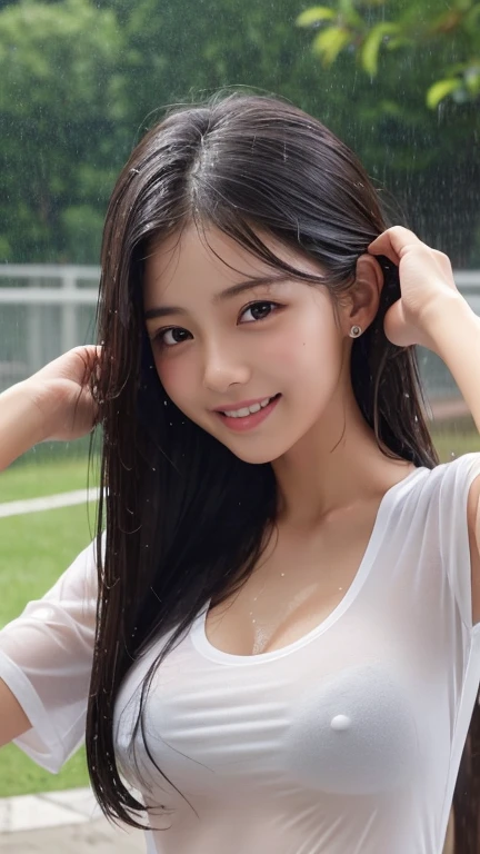 Highest quality、Realistic、、zoom、Primary school students、Girl、look up、cute、Light grey eyes、Black Hair、Long Hair、boyish、Tanned brown skin、Dark Skin、Plain white T-shirt、heavy rain、Heavy Rain、Soaked from head to toe、Wet Hair、Wet Face、Wet body、A wet, clingy shirt、A wet, see-through shirt、Shy laugh、Large Breasts、No bra、Bust Shot、thin