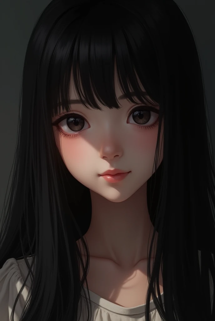 (Ultra Realistic), (Illustration), (Increased Resolution), (8K), (Extremely Detailed), (Best Illustration), (Beautiful and Detailed Eyes), (Best Quality), (Ultra Detailed), (Masterpiece ), ( wallpaper), (detailed face), solo, 1 girl, looking at viewer, fine details, detailed face, in the dark, deep shadows, low key, pureerosfaceace_v1, smiling, long hair, black shawl straight hair , 46 points oblique bangs