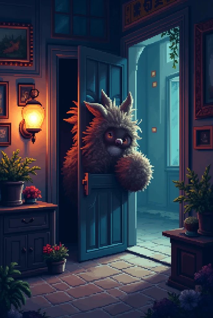 Creates the image of a door being closed by a hairy hand all in a pixelated style similar to the visual style of Undertale.