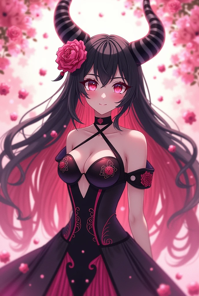 A 20 year old long pink mix black (gradations) haired woman, curly hair style, pink jewelry sharp dragon eyes, with black dragon horns on top of her head and pink roses flowers against her horns. looks pretty, graceful yet intimidating and terrifying. wearing a fancy dress with beautiful motifs which make her looks like a mommy. make it with pink flower background and in anime style