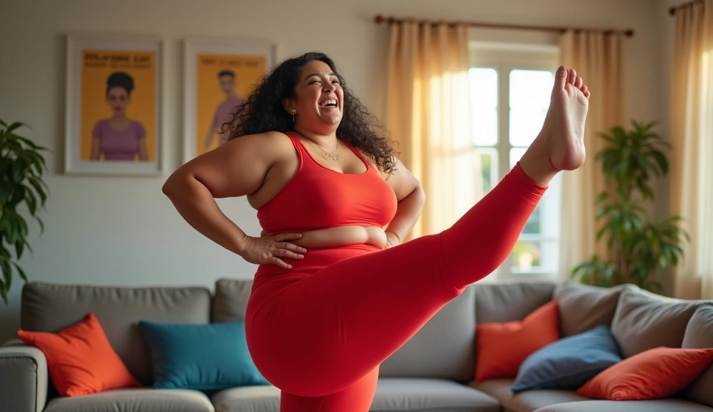 Overweight woman happy to be exercising at home with her leg raised