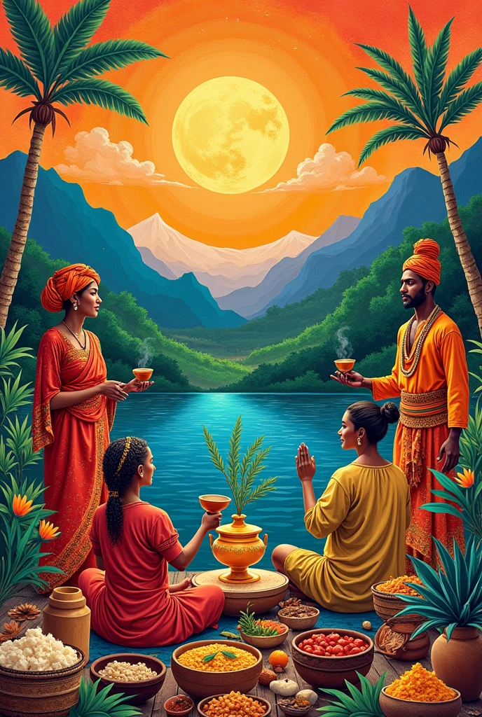 A collage of different traditions and cultural practices related to health and well-being, like rituals, traditional foods and medicines.