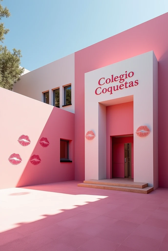 (photorealism:1.2) Looking at the main entrance of a pink and white modern school building, clean in good shape,  from an Empty pink girls' school inside yard, the sign "Colegio Coquetas" and the signs of many kisses 💋 on the walls, not childish drawings on the walls, realistic, intricate details