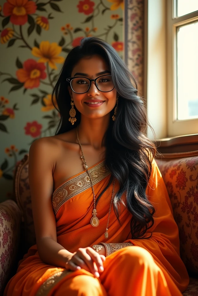 best quality)), ((masterpiece)), (high 8k detailed), Beautiful indian woman, thin saree,a woman in glasses sitting in front of a beautiful wallpaper , attractive girl, very beautiful girl, with a seductive smile, sexy girl, girl next door innocent look, friendly seductive smile, young and cute girl, cute seductive smile, seductive smile, indi sulta, handsome girl, hot with shining sun, teasing smile, beautiful girlfriend