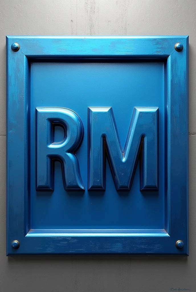 Create a sign where the letter RM is in metallic blue and the background is metallic gray, both inside a metallic blue rectangle.