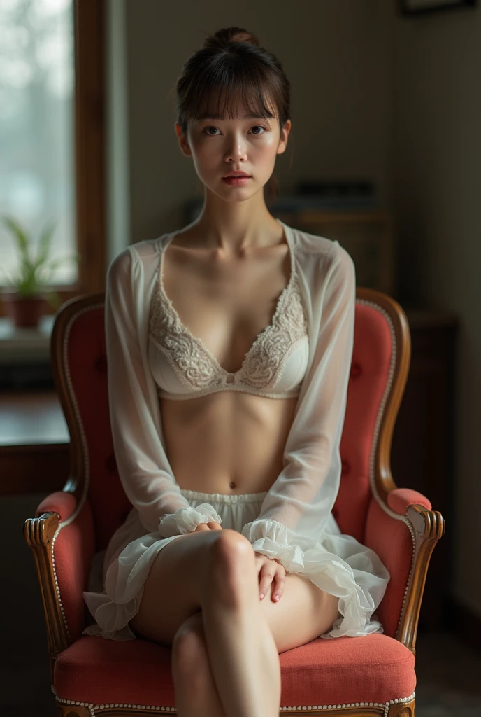 Photo from Instagram, Full body shot Beautiful French ager ( sit in a chair with legs open.) , the 18th , skinny face , unique beauty , very thin body , Top Model , botox plump lips , big round eyes , flat nose, slicked back pixie cut, by rubio, Thin waist, thigh gap , perfect round , long and perfect legs, delicate lingerie, casual skirt , bloomed shirt , deep neckline, full legs, socks , ( angelic facial features) , Office ,high quality, Very detailed photo , (masterpiece), Sony A00 with f 16-50 mm/3.5-5.6 lenses, balanced light, lifestyle photography. bokeh, motion blur nudity