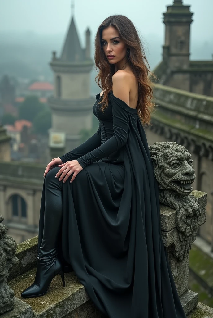 A San Marino vampire woman with fair skin and wavy brown hair, blood trickling down her chin from her fangs. She wears a medieval-style gown, the dark fabric stained with fresh blood. The setting is the ancient towers of San Marino atop Mount Titano, with the stone walls and narrow streets illuminated by the pale light of the moon. She stands by a crumbling wall, having just fed on an unsuspecting traveler.