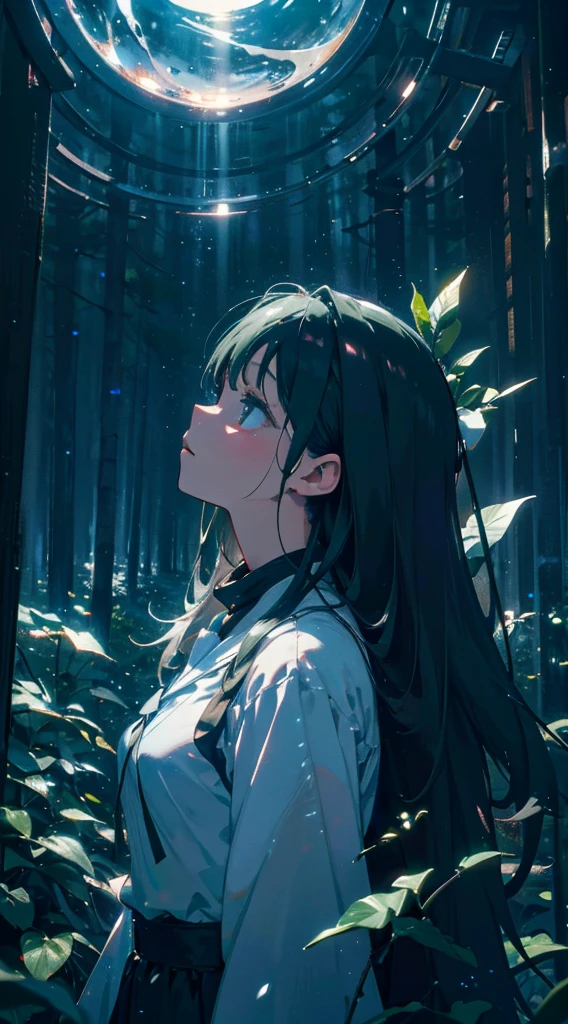 quality\(8k, Highly detailed CG unit wallpaper, High resolution, top-quality, top-quality real texture skin, Surreal, Increase the resolution, RAW Photos, Highest quality, Very detailed, wallpaper\), BREAK、Circle image、White Forestを歩く、White leavesの木々、White leaves、White Forest、Long Shot、The subject is small、Beautiful dense forest、White to black gradation、Gradation、BREAK、One Girl、look up、Very detailed face、Detailed face、Side Shot、Beautiful profile、look up、White sky close to black、Stars and clouds、Fresh perspectives、BREAK、Overall dark、Cinema Lighting、Very sophisticated lighting、Dark green hair、Black clothes、Large Breasts, long hair, Surrealism, cinematic lighting, masterpiece, uhd, high details, best quality, highres, 8k
