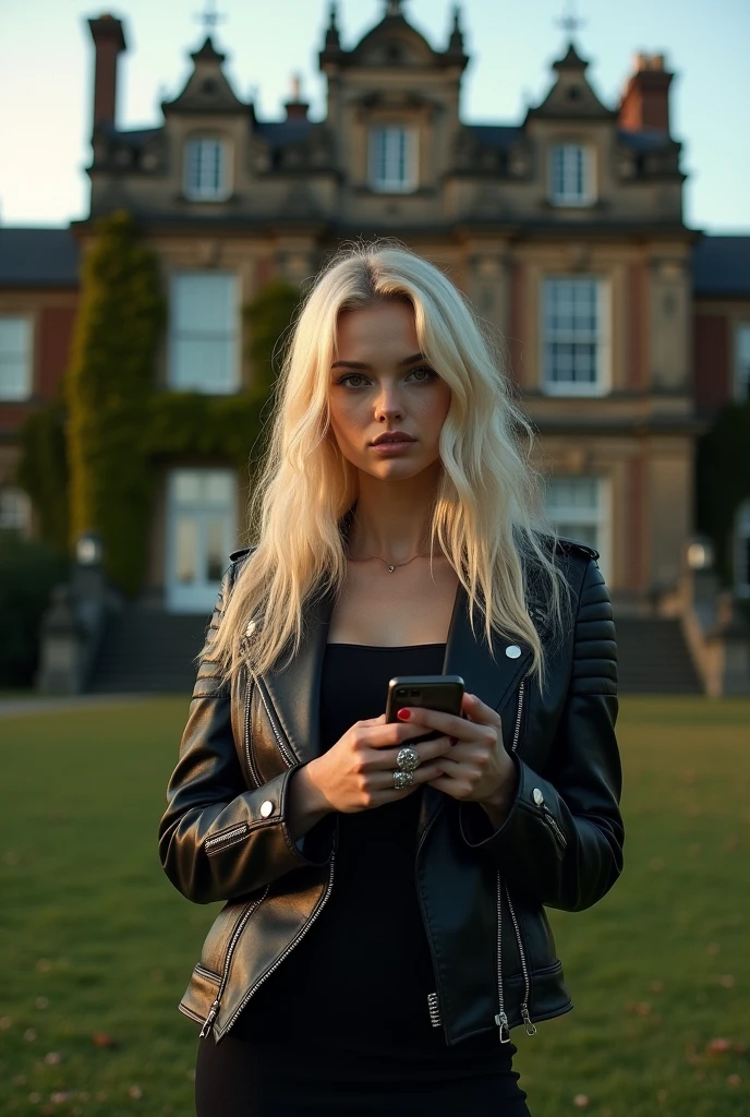 A girl with amber eyes, blonde hair, white skin, and a ring with a ruby on her wrist, a heart tattoo on her wrist, wearing a black dress and a black leather jacket, holding a phone in her hand with a cold and serious look in front of a mansion.