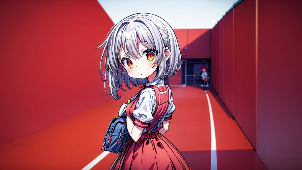 1girl,Little、cute、Primary school students、Red short-sleeved dress、Gray Hair、Red School Bag、Skipping、Facing sideways towards the audience、Yellow simple background