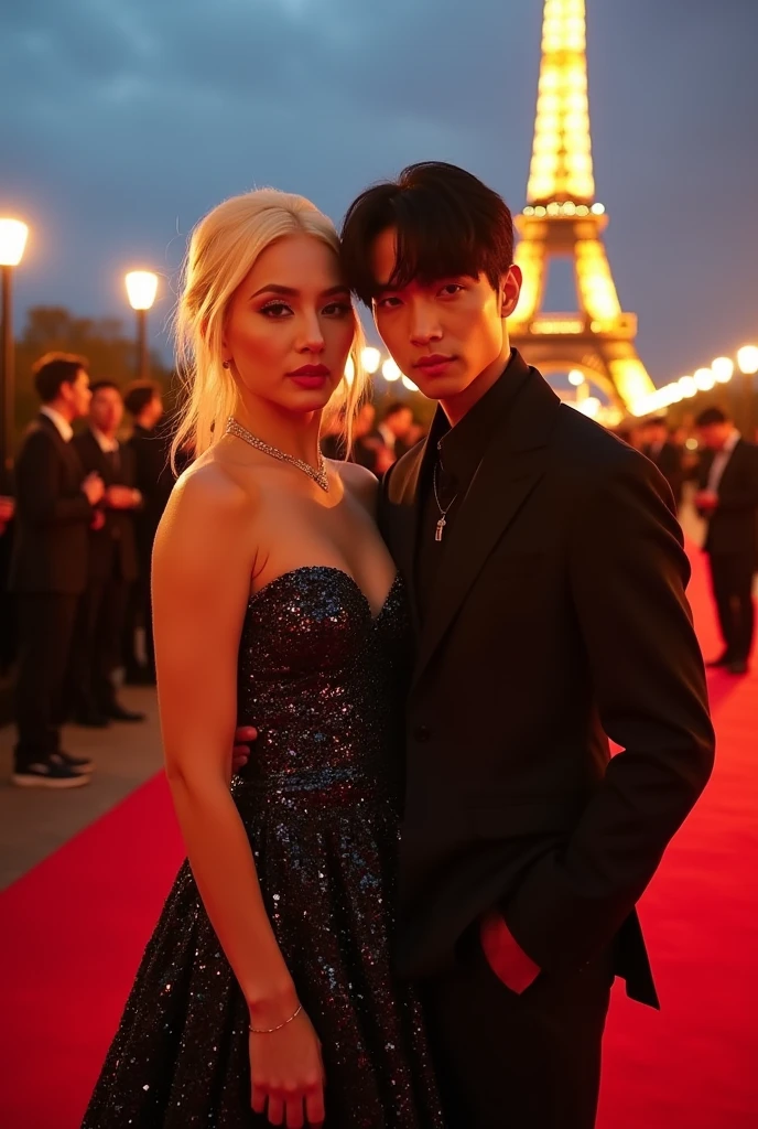 Lady Gaga on a red carpet in Paris with Jungkook from BTS 