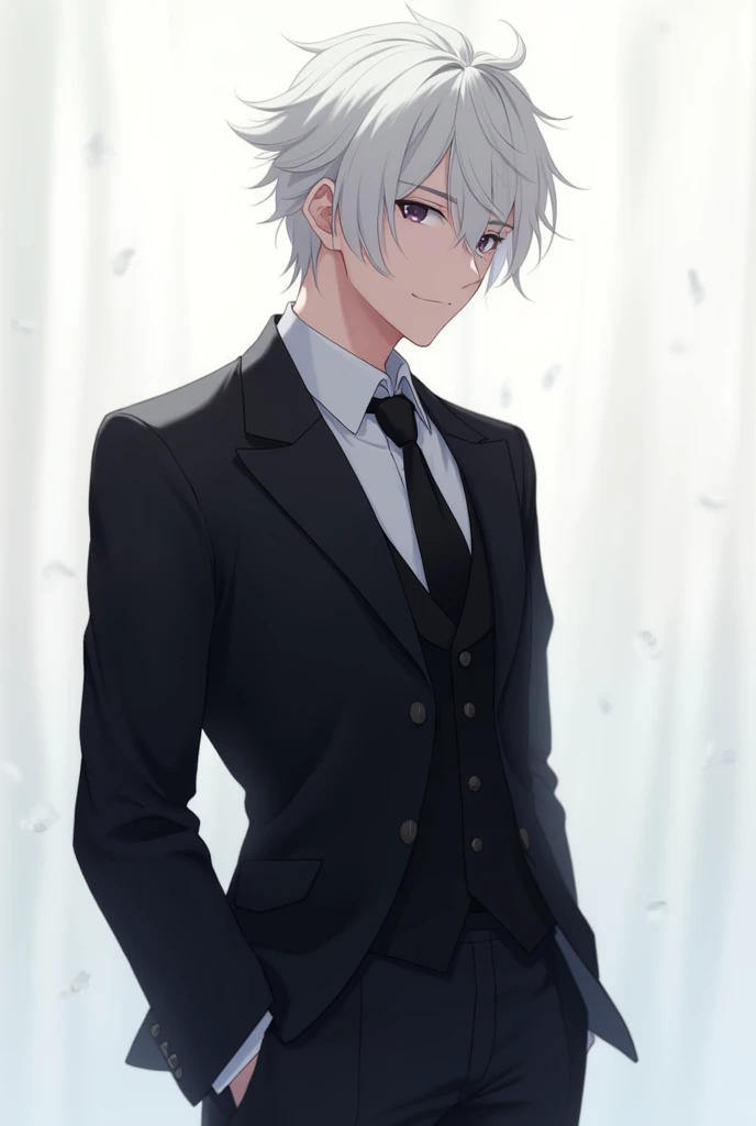 A man in a black suit, full body in a heartthrob pose And with white hair.
Light skinned.
Like an anime White background or rain