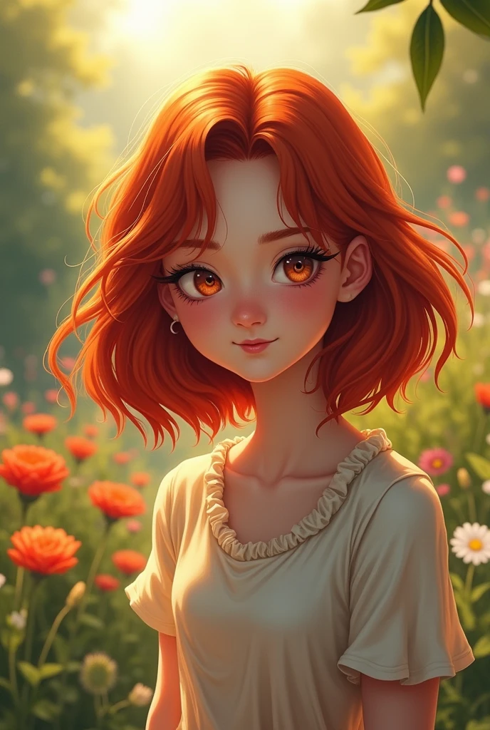 Red-haired girl with shoulder length hair, elongated eyes, full lips and small, thin, upturned nose, with eye shadow makeup with eyeliner