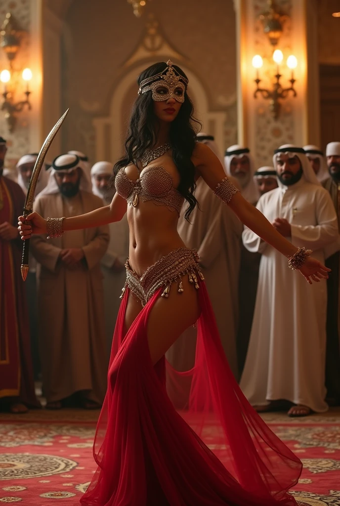 Magnificent detail, 8K Photos, hyper- realism, realistic background, visual depth, wide angle lens, all-body, 1 beautiful Arab woman, Dancing belly dancing. She wears a typical belly dance face veil partially covering her mouth, Gorgeous, very small lingerie made with valuable rhinestone jewels, low-cut, enhancing your curves. Ultra thin waist body jewelry (body chain). Your eyes are lined and seductive. The photo contains a lot of luxury and wealth. There are some Arab sheikh men watching the woman dance, looking intently at the woman, with an expression of fascination. The woman dances seductively with a large, shiny sword typical of belly dance in her hand. Small lingerie made of precious metal. The scene is a luxurious sultan's palace. The woman's breasts and groin are partially visible.. sensual photo. adult content. Belly dance.