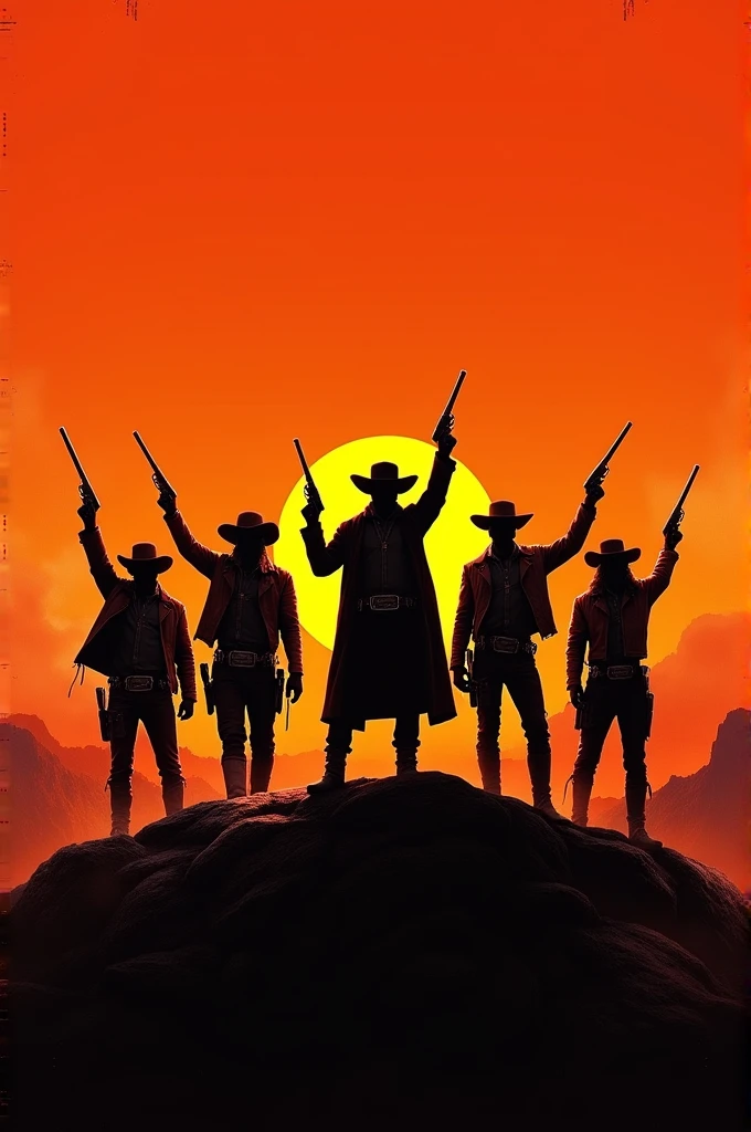 Silhouettes of bandits pointing guns to the sky