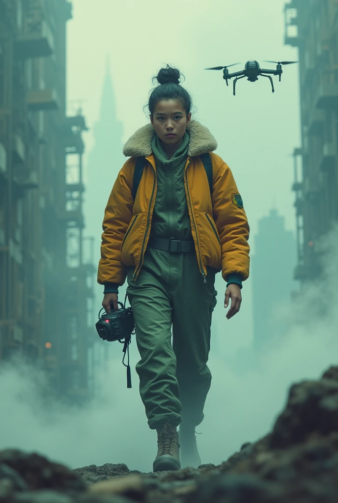 Full body image, (Super detailed,Ultra-high resolution,Detailed Background),((2D)),((Flat Color)),((Dull colors)), Going through the fog alone:1.5, Looking at the audience, A loose-fitting flight suit, An oversized bomber jacket with a wool collar, (yellow, violet, cyan, green, orange:1.3), A plush toy collar, Full body image, Using VR glasses, ((baron&#39;s Dessert Intricate Fund)), ((Doomsday City)), Full body in frame, ((The drone next to her))