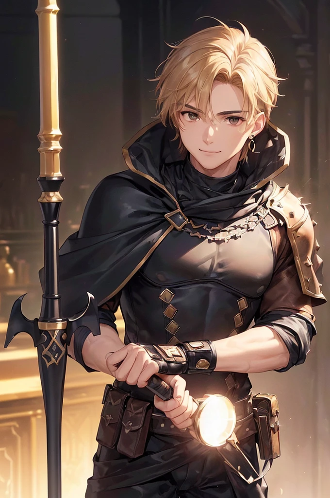 (((masterpiece; best quality: 1.2))), (detailed eyes: 1.3), ((ung man)), ((solo)), (brown eyes: 1.4), (body shape; lean, masculine, manly face: 1.3), (short blond hair: 1.3), (clear background: 1.2), ((depth of field)), (equipment: masculine adventurer garb + practical hard-leather hunter protection + black tunic + black cape +black stud earring: 1.3), (anime illustration: 1.2), (background composition; fantasy tavern interior + furniture: 1.1), (handsome: 1.1), (shot composition; standing + centered on face + bust close-up: 1.5), (facial expression; calm + smile: 1.2)