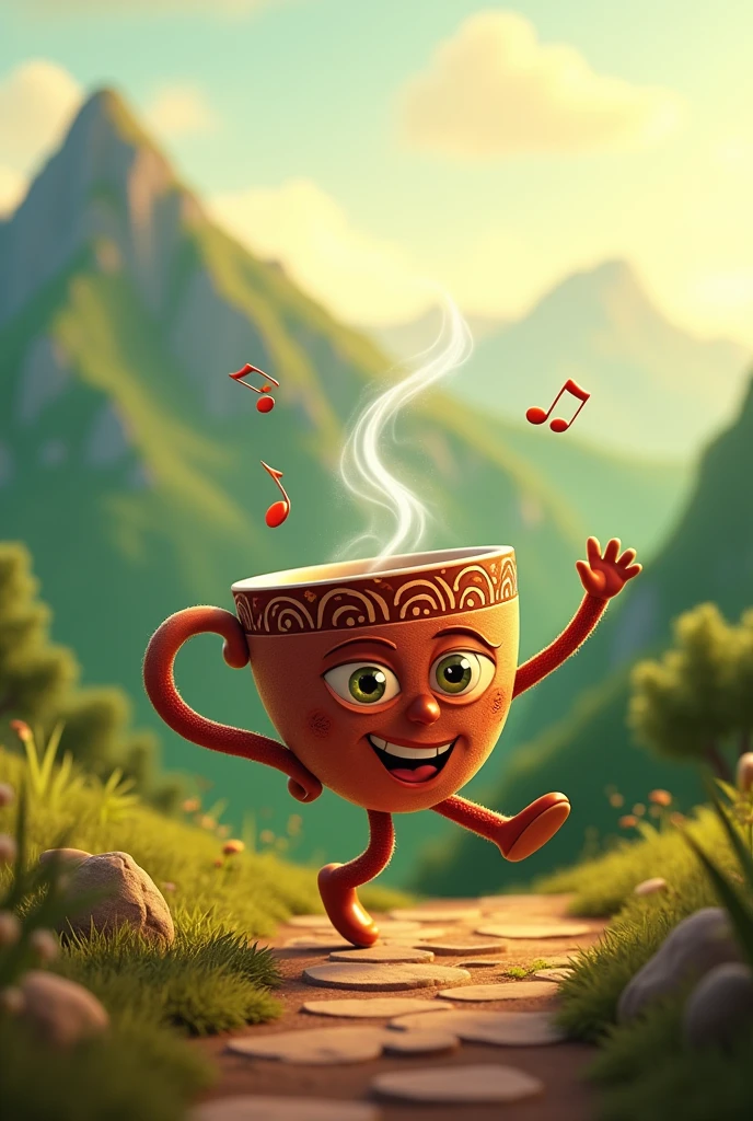 Arabica Character: A friendly and charming character made of an Arabica coffee cup, with a smiling face and bright eyes. It is adorned with small details that evoke its Ethiopian origin, as a traditional pattern in the cup. The character may be dancing gently or moving its arms to the rhythm of cheerful music, with a background of green mountains that subtly appear and disappear.
