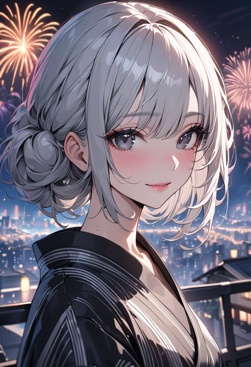 
((masterpiece)), ((best quality)), (ultra-detailed), ((extremely detailed)), 4K, (8K), best quality, (beautiful), close-up of face, detailed face, city, town, night, fireworks, a pretty woman, solo, yukata, japanese cloth, beautiful silver hair, beautiful black eyes, ((beautiful eyes)), short hair, lip, ribon, light smile

