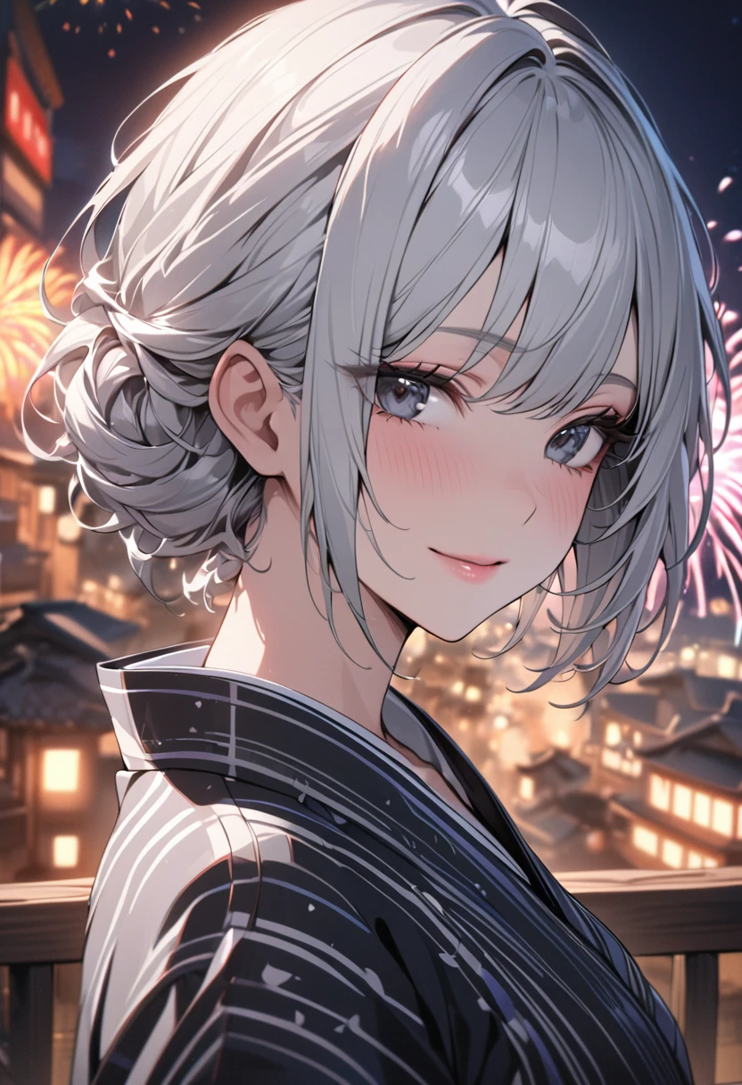 ((masterpiece)), ((best quality)), (ultra-detailed), ((extremely detailed)), 4K, (8K), best quality, (beautiful), close-up of face, detailed face, city, town, night, fireworks, a pretty woman, solo, yukata, japanese cloth, beautiful silver hair, beautiful black eyes, ((beautiful eyes)), short hair, lip, ribon, light smile