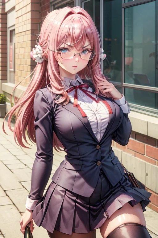 masterpiece, Beautiful art, professional artist, 8k, art style by sciamano240, Very detailed face, Detailed hair, detailed clothing, detailed fabric, 1 girl, perfectly drawn body, beautiful face, broad, light blue fur , highly detailed blue cat eyes, wearing teacher clothes, thigh high boots, tube skirt, Glasses, looking angrily over Glasses, Sensual Lips , pink cheeks, School environment, detailed background, board , show details in the eyes, close up view, spectator looking, angry expression,