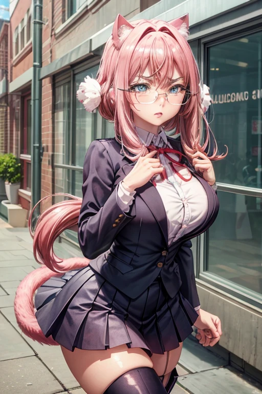 masterpiece, Beautiful art, professional artist, 8k, art style by sciamano240, Very detailed face, Detailed hair, detailed clothing, detailed fabric, 1 girl, perfectly drawn body, beautiful face, broad, light blue fur , highly detailed blue cat eyes, wearing teacher clothes, thigh high boots, tube skirt, Glasses, looking angrily over Glasses, Sensual Lips , pink cheeks, School environment, detailed background, board , show details in the eyes, close up view, spectator looking, angry expression,