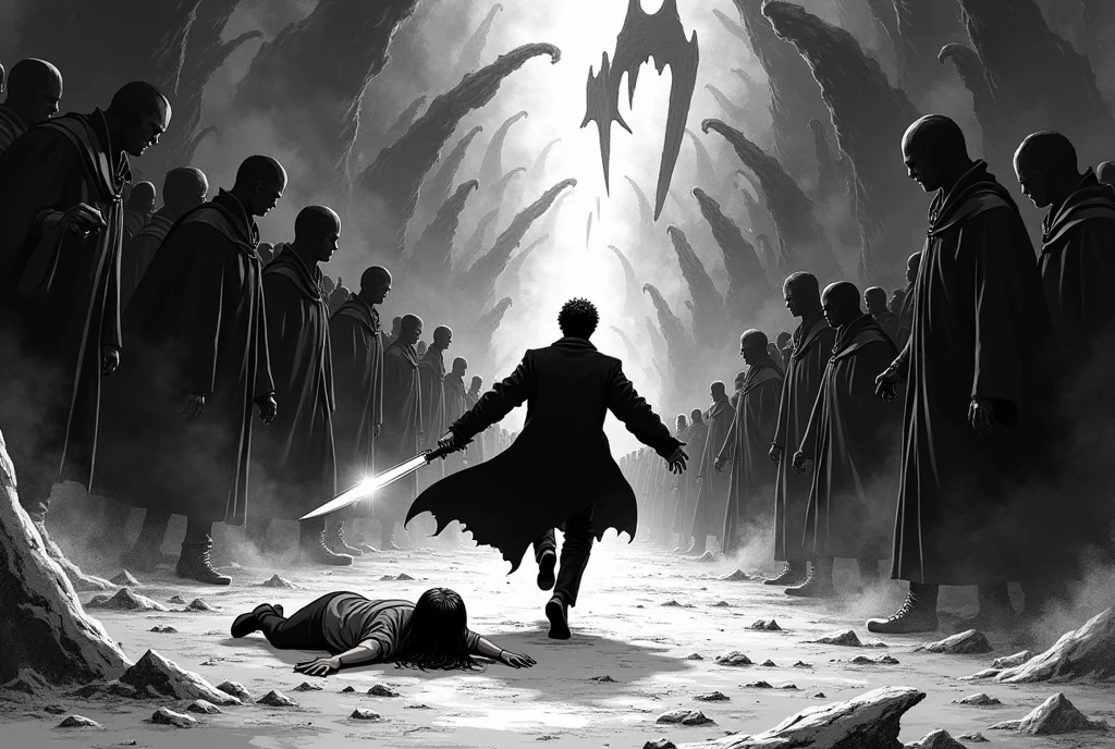 monochrome horror action manga panel which depicts: a cinematic back view, the camera sees the scene from the ground, dynamic sideways tilted camera, tilted horizon, dutch angle, harry potter, seen from the back, rushing against a massive crowd of dementors, massive crowd of dementors standing on the ground, massive crowd of dementors floating around harry and the girl, harry brandishes a glowing sword in his left hand, harry wields a wand on the right hand, the thip of the wand is glowing, an unconscious girl laying unconscious on the foreground with her back to the camera, outdoors, dramatic composition with perspective and foreshortening, rule of thirds, the vanishing point is at the lower left corner of the image