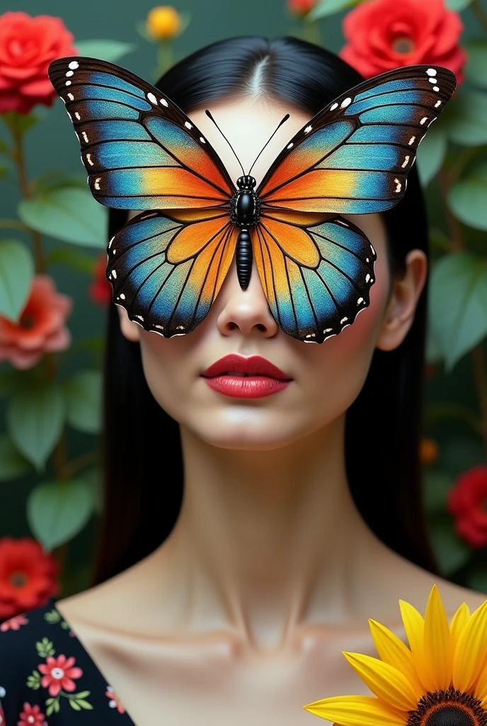 The face of a white Western woman with black hair pulled back, thin lips, and a giant butterfly taking up the whole face, with colorful flowers in the background.