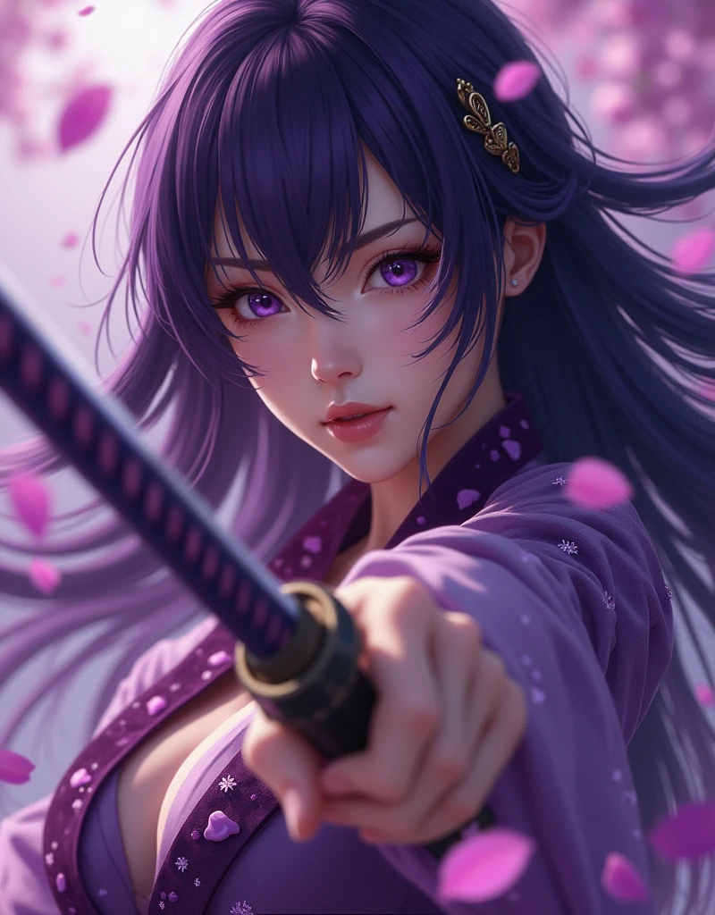((seira sodeshiro)) mature woman, dominating presence, purple flowing hair, beautiful detailed eyes, beautiful detailed lips, extremely detailed eyes face and shoulders, incredible beauty, tanned, face to face photoshot, photorealistic, ultra-realistic, incredibly detailed, photo, extremely detailed, she is surrounded in purple petals, she is swinging with her purple enchanted katana, exalted samurai,
