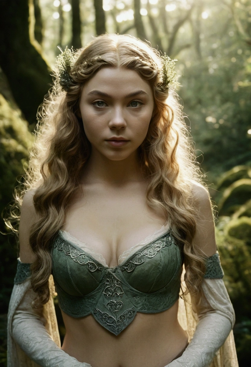 analog film photo, photo of an elven maiden, 18 years old, elf ears, long wavy curls, Amazonian stature, toned hourglass figure, busty breasts, narrow waist, full wide hips, big plump buttocks, wearing a lacey bra and a lacey thong, resembles Margaery Tyrell, strolling along a fantasy landscape, RAW Photograph, dslr, soft lighting, high quality, film grain, Fujifilm XT3, detailed skin with visible pores, insane details, masterpiece, 8k, 35mm photograph, dslr, kodachrome, faded film, desaturated, grainy, vintage, Lomography, stained, highly detailed, found footage, close-up shot, elven ears