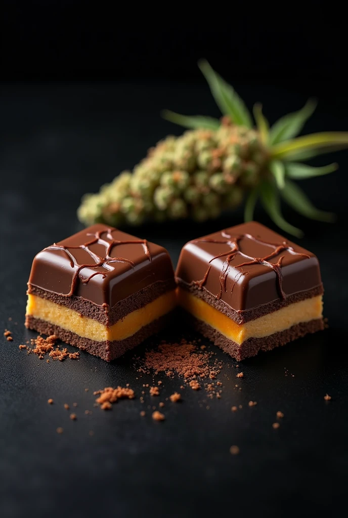 Two traditional homemade square Brawnis with a cracked chocolate coating on top, with liquid arequipe filling in the middle of each one and a cannabis flower on the side, the background should be a dark one, so it looks like a photograph.