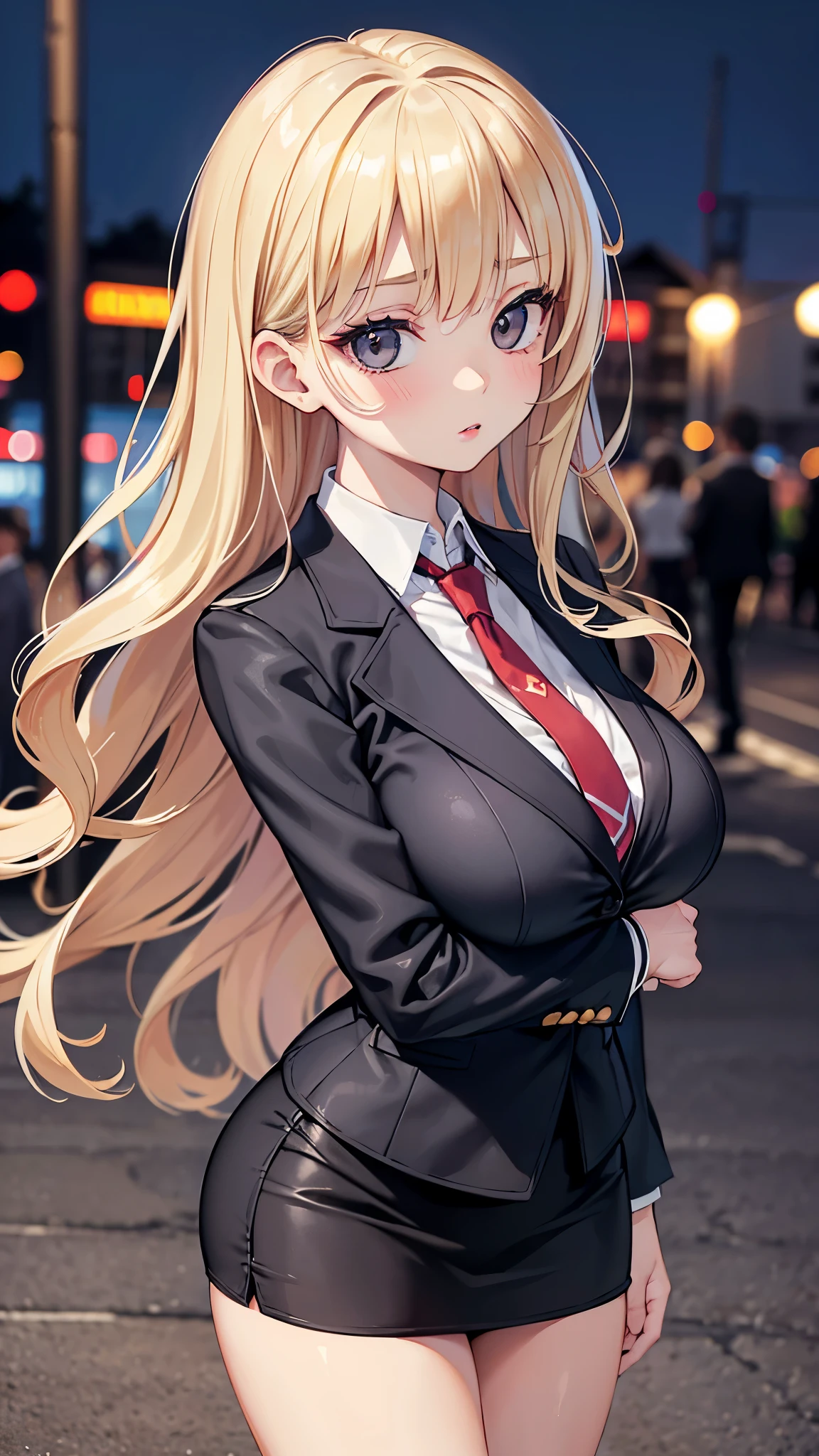 (masterpiece, 最high quality, 超High resolution, Very detailed), (Realistic:1.1, photoRealistic:1.4), Perfect illustration, Perfect lighting,Perfectly detailed hair, Perfect and exquisite face, Perfect collarbone, Perfect body,Juicy breasts, Perfect Thighs, Beautiful legs, View your audience, 1 person,Perfect Face, (Perfect Anatomy, Anatomically correct), Symmetrical face、((Shiny Hair)),Sexy Body、(masterpiece),(最high quality:1.3),8k,Very clear,(Ultra-realistic),Captivating woman,(high quality, High resolution, The finer details), Realisticなスタイルの女性,Juicy breasts、Perfect Woman、Perfect Face、Symmetrical face、、((Big breasts))、blush、((Juicy lips))、Cowboy Shot、(((Loosely curled blonde hair)))、((Large, double-set black eyes、Long eyelashes))、(Red Makeup)、(((Collared shirt、tie、blazer、Pencil Skirt)))、((delinquent high school girl))、(Healthy and well-developed body)、((Big tits jk))、(Outdoor、On the street at night)