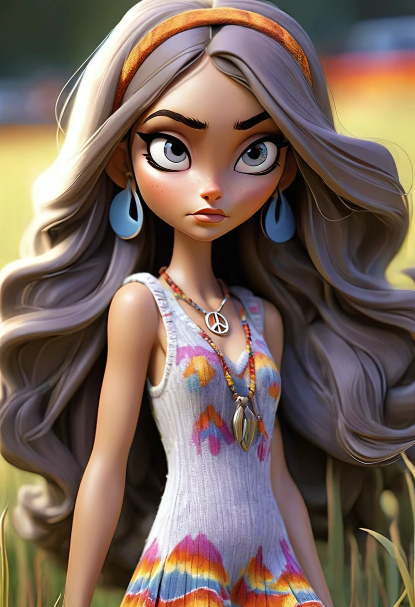 America in the 1970s, a hippie, white female college student who is a no-bra activist, an intellectual at Columbia University, small breasts, long straight brunette hair, intelligent beauty, psychedelic fashion, Peace sign badge, long eyelashes, heavy makeup, a headband with a psychedelic pattern, she is heavily influenced by rock music, a super-mini dress with a flashy print, a long vest knitted with a psychedelic pattern, white thick-soled boots, the background is the grass of a university campus, the background is blurred, photo noir, the camera is detailed, the colors are intense, the shadows are deep, professional lighting, professional camera,