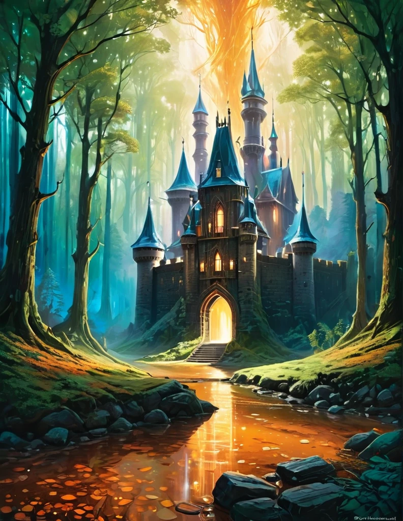 a painting of a castle in the middle of a forest, dan mumford and albert bierstadt, symmetrical epic fantasy art, el bosco and dan mumford, inspired by tomasz alen kopera, anton fadeev and dan mumford, painting by dan mumford, symmetrical fantasy landscape, portal to another world, a portal to the lost flame realm