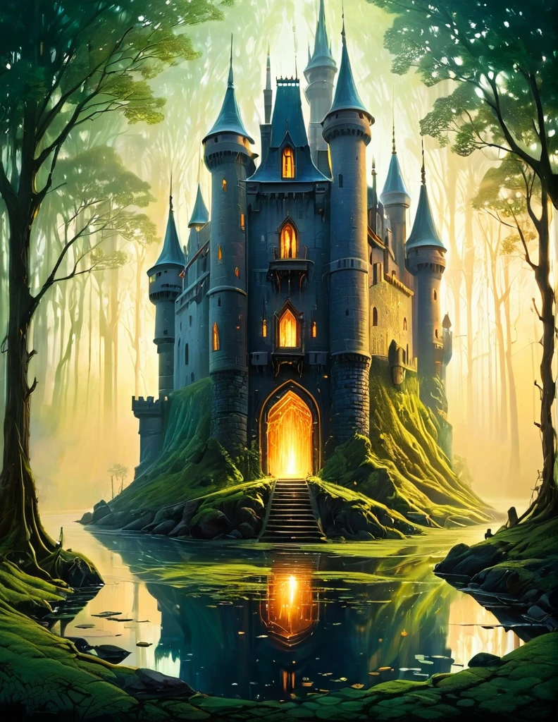 a painting of a castle in the middle of a forest, dan mumford and albert bierstadt, symmetrical epic fantasy art, el bosco and dan mumford, inspired by tomasz alen kopera, anton fadeev and dan mumford, painting by dan mumford, symmetrical fantasy landscape, portal to another world, a portal to the lost flame realm