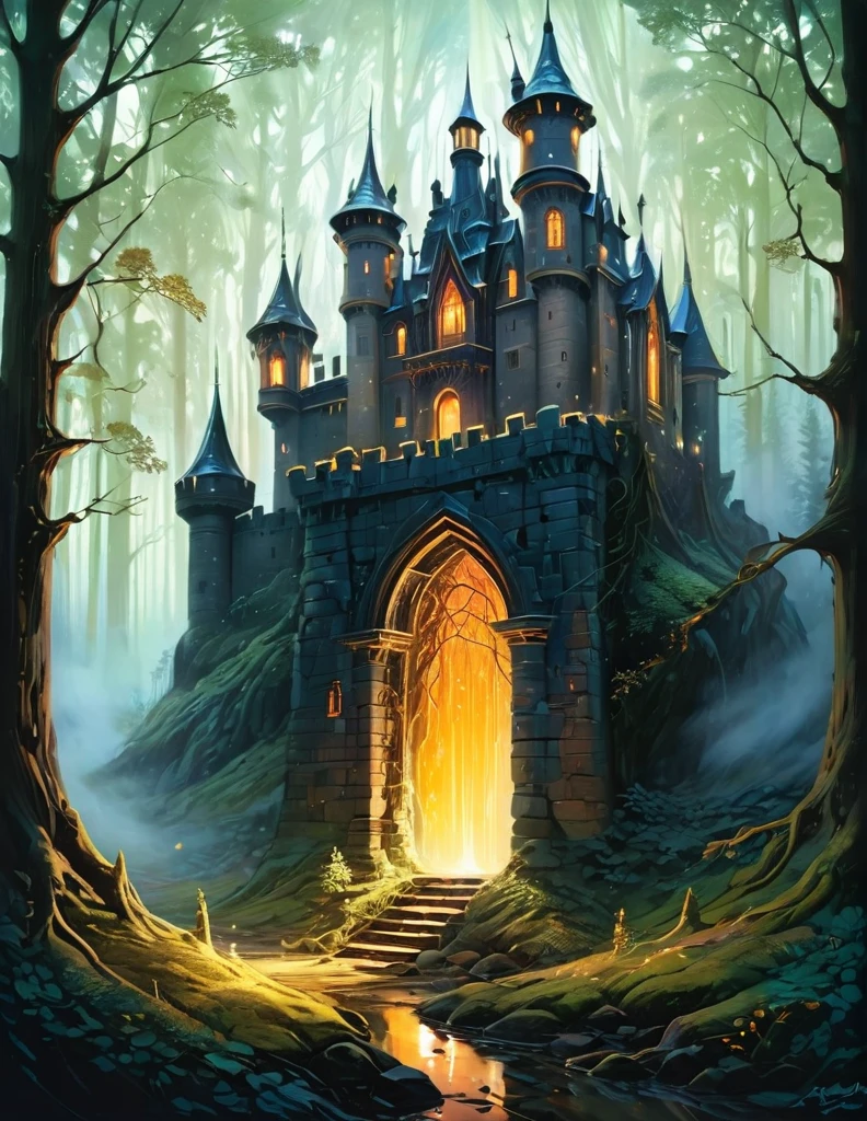 a painting of a castle in the middle of a forest, dan mumford and albert bierstadt, symmetrical epic fantasy art, el bosco and dan mumford, inspired by tomasz alen kopera, anton fadeev and dan mumford, painting by dan mumford, symmetrical fantasy landscape, portal to another world, a portal to the lost flame realm