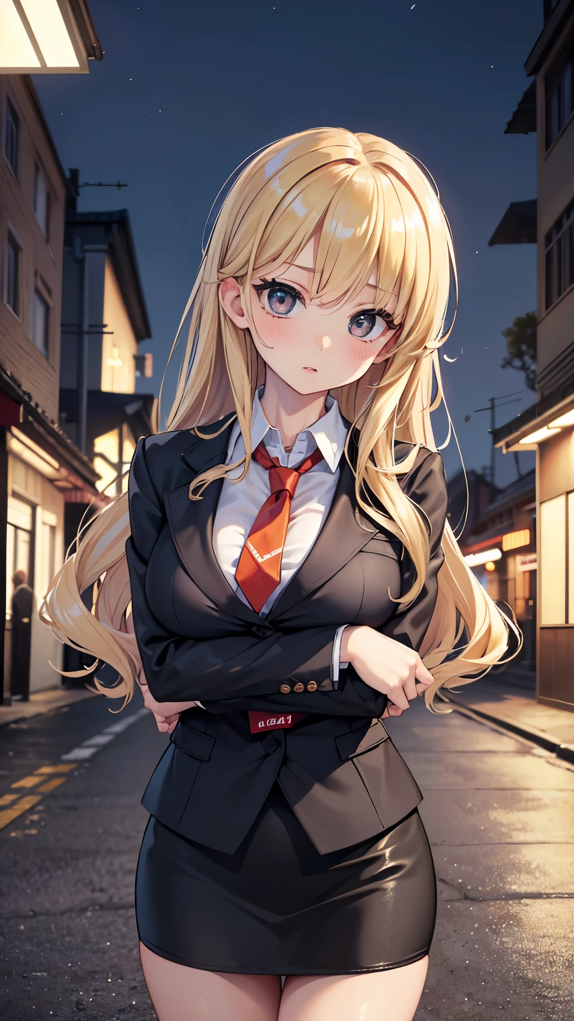 (masterpiece, 最high quality, 超High resolution, Very detailed), (Realistic:1.1, photoRealistic:1.4), Perfect illustration, Perfect lighting,Perfectly detailed hair, Perfect and exquisite face, Perfect collarbone, Perfect body,Juicy breasts, Perfect Thighs, Beautiful legs, View your audience, 1 person,Perfect Face, (Perfect Anatomy, Anatomically correct), Symmetrical face、((Shiny Hair)),Sexy Body、(masterpiece),(最high quality:1.3),8k,Very clear,(Ultra-realistic),Captivating woman,(high quality, High resolution, The finer details), Realisticなスタイルの女性,Juicy breasts、Perfect Woman、Perfect Face、Symmetrical face、、((Big breasts))、blush、((Juicy lips))、Cowboy Shot、(((Loosely curled blonde hair)))、((Large, double-set black eyes、Long eyelashes))、(Red Makeup)、(((Collared shirt、tie、blazer、Pencil Skirt)))、((delinquent high school girl))、(Healthy and well-developed body)、((Big tits jk))、(Outdoor、On the street at night)