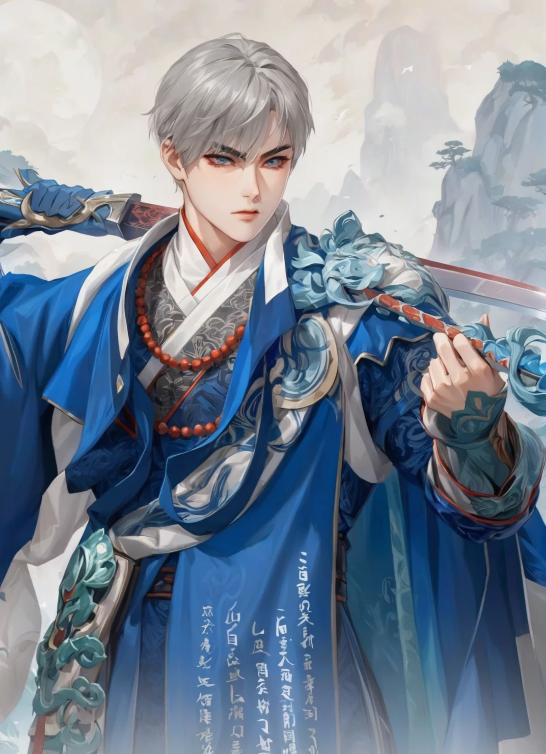 anime character dressed in blue holding a sword and a sword, zhao yun, heise jinyao, cai xukun, inspired by Bian Shoumin, inspired by Zhao Yuan, inspired by Guan Daosheng, Inspired by Wuzhun Shifan, inspired by Zhang Han, Inspired by Huang Gongwang, g liulian art style, inspired by Zhang Wo