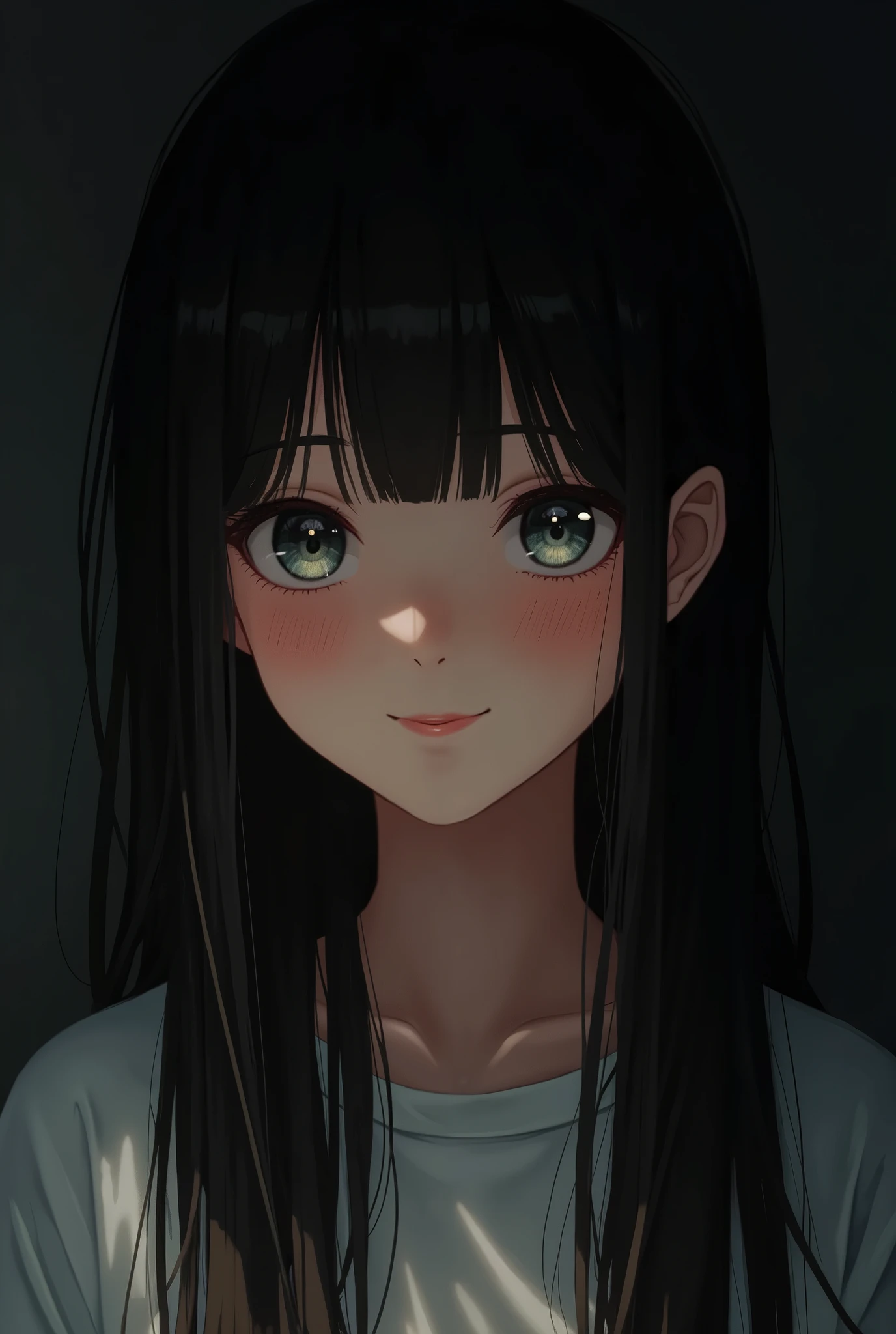 (Ultra Realistic), (Illustration), (Increased Resolution), (8K), (Extremely Detailed), (Best Illustration), (Beautiful and Detailed Eyes), (Best Quality), (Ultra Detailed), (Masterpiece ), ( wallpaper), (detailed face), solo, 1 girl, looking at viewer, fine details, detailed face, in the dark, deep shadows, low key, pureerosfaceace_v1, smiling, long hair, black shawl straight hair , 46 points oblique bangs